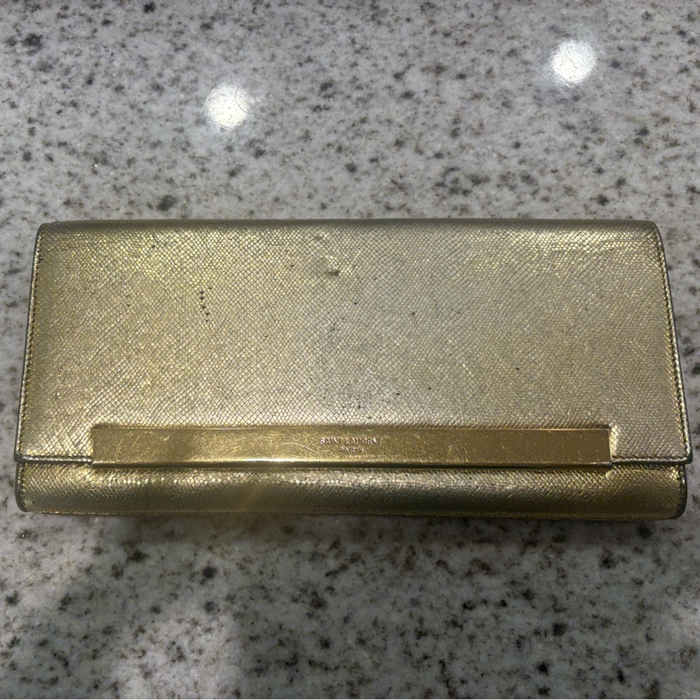 Saint Laurent Gold Pebbled Leather Lutetia Flap Clutch